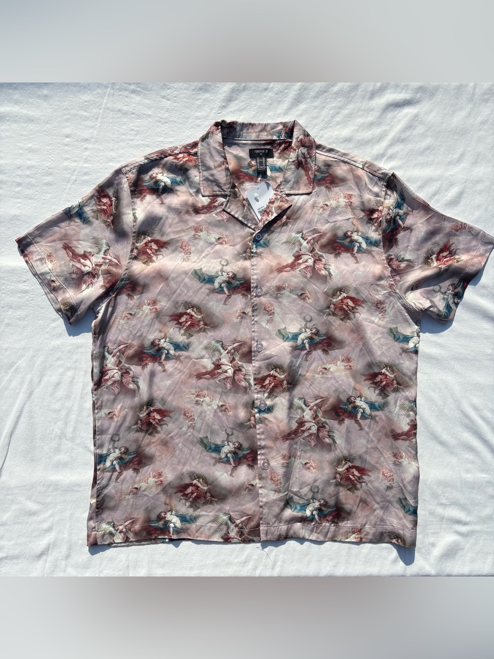 NWT Forever 21 Satin Renaissance Angel Cherub Print Button Up Shirt size XL